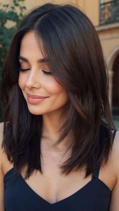 Layer Haircut Straight Hair, Thick Fine Hair Styles, Dark Brown Hair Long Bob, Medium Length Middle Part Haircut, Mid Length Haircut For Straight Hair, Mid Hair Haircut, Mid Length Hair For Thick Hair, Medium Length Hair For Thick Hair, Shoulder Length Haircut Straight Hair