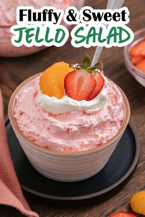 Jello Salad is an old-fashioned treat that combines gelatin, cool whip, cottage cheese, and fruit into one fluffy, sweet creamy dessert! This classic budget-friendly Dessert Recipe is full of nostalgia and sweet, creamy goodness, plus it takes only minutes to prep! Jello Fluff Recipes Cool Whip, Jello Cool Whip Dessert, Jello Fluff Recipes, Whip Cottage Cheese, Cottage Cheese Jello Salad, Jello Cottage Cheese Salad, Cottage Cheese And Fruit, Shareable Desserts, Strawberry Jello Salad