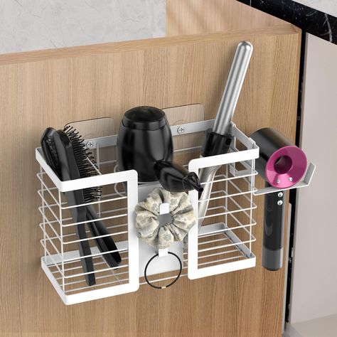 PRICES MAY VARY. 【Unique Storage Structure】The hair dryer organizer consists of 3 compartments, a side support hair dryer rack, and a hook area. The extra large capacity can hold a variety of hair dryers, flat irons, curling irons, hair straighteners, providing a neat solution for storing hairdressing tools, perfect for bathrooms, guest bathrooms, powder rooms. 【Large Storage Capacity & Neat Countertop】FUNKYLEE hair dryer holder provides large storage capacity while also adopting a compact desig Blow Dryer Storage Ideas, Curling Iron Organization, Curling Iron Storage Ideas, Hair Tools Organization, Hair Tools Storage, Blow Dryer Storage, Hair Brush Holder, Curling Iron Storage, Hairdryer Storage