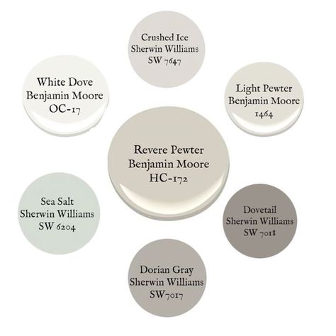 Benjamin Moore Light Pewter, Pewter Benjamin Moore, Revere Pewter Benjamin Moore, Gray Paint Colors, Farmhouse Paint Colors, Farmhouse Paint, Revere Pewter, Palette Design, Gray Paint