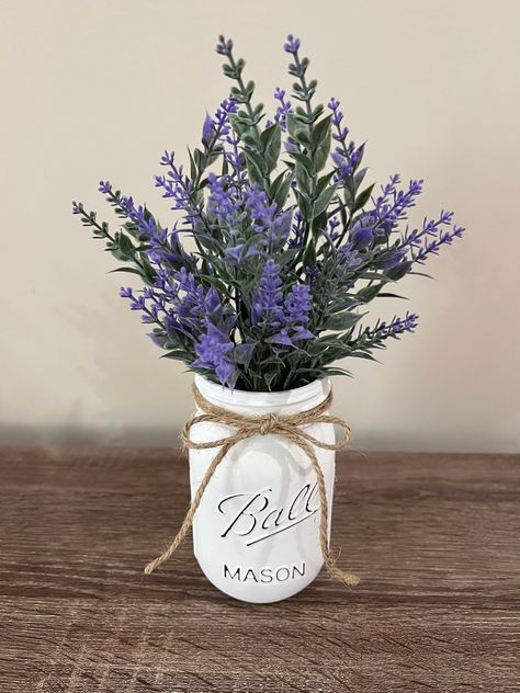 Faux Lavender Arrangement, Lavender Centerpieces Table Decorations, Lavender Graduation Party, Lavender Centerpieces, Summer Table Decor, Mason Jar Vase, Distressed Mason Jars, Summer Table Decorations, Fairy Garden Birthday Party