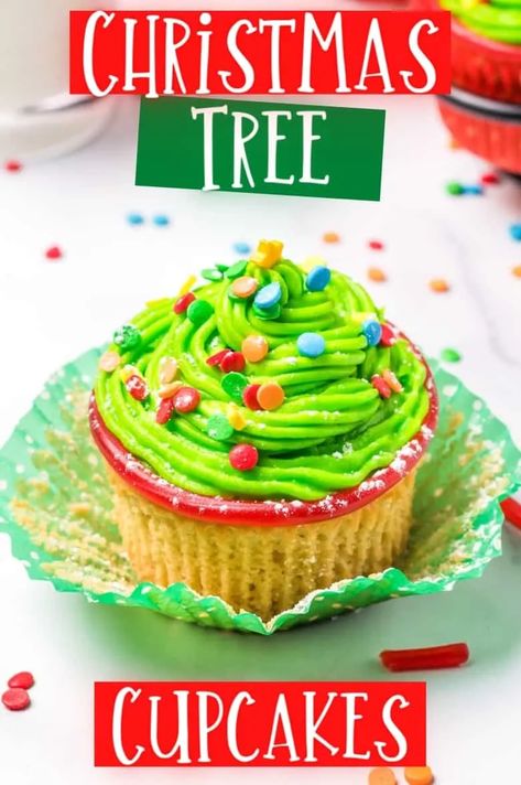 Christmas Tree Cupcakes! Homemade vanilla cupcakes frosted with green buttercream and decorated to look like beautiful Christmas trees. #ChristmasCupcakes #ChristmasRecipes #ChristmasDesserts #ChristmasFood #HolidayCupcakes Christmas Party Dessert Recipes, Vanilla Frosting For Cupcakes, Homemade Vanilla Cupcakes, Green Buttercream, Tree Cupcakes, Cupcakes Homemade, Christmas Desserts Party, Christmas Cupcakes Recipes, Easy Christmas Tree