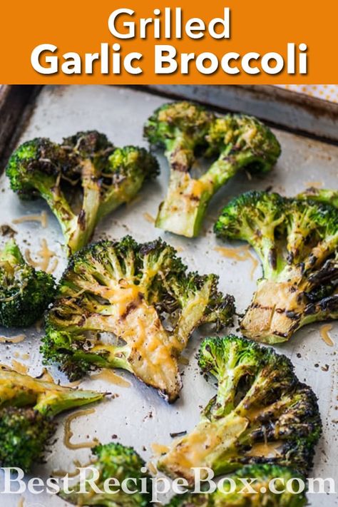 Grilled Broccoli Recipe on BBQ with Garlic and Cheddar Cheese Bbq Broccoli, Broccoli Grilled, Cheddar Cheese Recipes, Grilled Vegetable Recipes, Grilled Garlic, Grilled Broccoli, Garlic Broccoli, Sides Recipes, Healthy Grilling Recipes