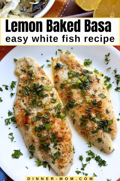 Whip up healthy lemon baked basa fish fillets for dinner tonight! This easy white fish recipe is oven-baked to perfection in just 25 minutes, and you can even start with the fish still frozen. It's fantastic for fish tacos, too. The whole family will love this tender, flaky fish enhanced with a zesty lemon flavor. Light, delicious, and visually appealing, it's a low-carb, keto-friendly dish that's sure to impress. Baked Basa Fillet Recipe, Basa Fillet Recipes, Frozen Fish Recipes, White Fish Recipes Healthy, White Fish Recipes Baked, Baked White Fish, Basa Fish Recipes, Frozen Fish Fillets, Oven Baked Fish