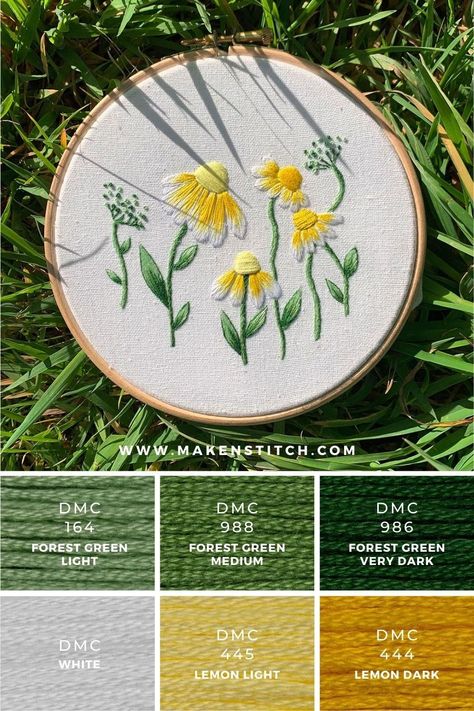 Vibrant and energizing stitch color palette for your embroidery projects. DMC to Anchor embroidery thread conversion chart included. Embroidery Color Combinations, Embroidery Color Palette, Stitch Palettes, Daisies Embroidery, Yarn Bracelets, Embroidery Decoration, Color Mixing Chart, Anchor Embroidery, Color Palette Yellow