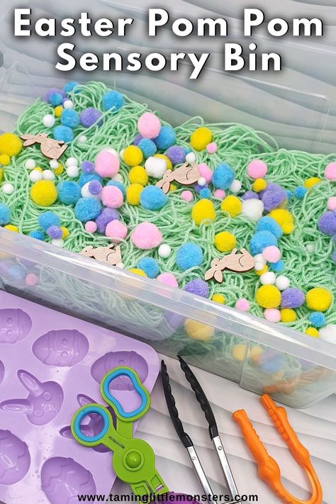 Easter Pom Pom Sensory Bin. Learn how to make this fun and easy Easter themed sensory activity for kids. Perfect for toddlers and preschoolers to play with. #easter #sensory #toddler #preschool Activities For Easter For Kids, Easter Sensory For Toddlers, Easter Lesson Plans For Toddlers, Easter Messy Play Ideas, Easter Messy Play, Easter Lesson Plans Preschool, Easter Toddler Activities, Easter Sensory Bin Ideas, Easter Sensory Activities