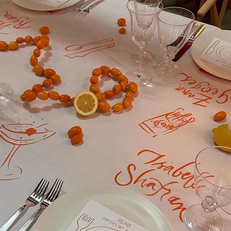 Gatherings By Emily on Instagram: "a table that felt silly and fun and wild and made everyone smile 🌞🌞🌞" Tablescape Drawing, Lunch Party Decor, Drawing On Table, Launch Aesthetic, Fruit On Table, Theme Dinner Party, Florist Life, Island Drawing, Bachelorette Aesthetic