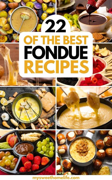 Fondue. From humble ingredients come a rich and melty concoction. It's more than just a dish - it's an experience best shared. These easy fondue recipes feature the best savory and sweet delights for your next fondue party. There's cheese fondue, chocolate fondue, vegan fondue and more. Brunch Fondue Ideas, Fondue Ideas For Kids, Fondue Beef Recipes, What To Dip In Fondue Cheese, Fun Fondue Ideas, 1970s Fondue Party, Cheese Fondue Fountain, Sweet Fondue Recipes, Fondue Set Up Ideas