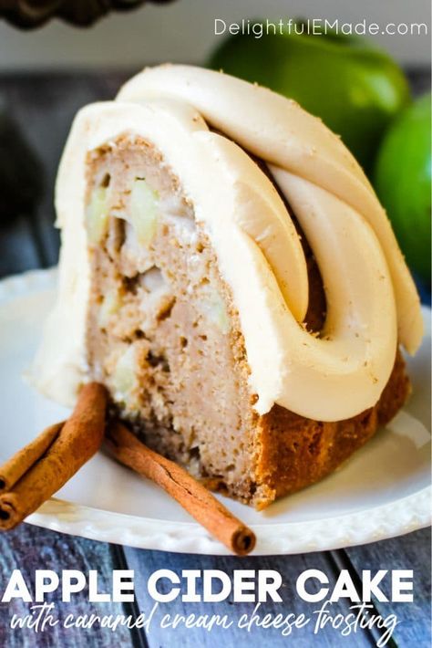 Delicious Apple Cider Cake with Caramel Cream Cheese Frosting | This amazing Apple Bundt Cake recipe is topped with Caramel Cream Cheese Frosting making it the perfect fall dessert! Made with apple cider, this fantastic apple cider cake with caramel cream cheese frosting will be a show stopper for any occasion! If you're looking for an amazing fall apple recipe, this one is for you! || Delightful E Made Apple Bundt Cake Recipe, Apple Cider Cake, Apple Bundt Cake Recipes, Caramel Cream Cheese Frosting, Cider Cake, Cream Cheese Breakfast, Recipe Using Apples, Baking Fails, Fall Cake Recipes