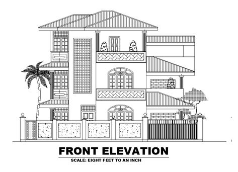 Elevation Designs For House Drawing, Plan Elevation Section Of House, G+2 Elevation Design Indian, Front Elevation Drawing, Bungalow Drawing, House Sketch Plan, Exterior Bungalow, House Design Drawing, Square Drawing