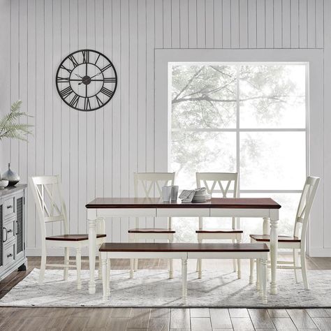 PRICES MAY VARY. DURABLE CONSTRUCTION Crafted with high-quality materials, this rustic dining set is built to last. The sturdy construction of the table, chairs, and bench ensures stability and durability, suitable for everyday use. Enjoy long-lasting quality with this elegant and robust dining room furniture set.; Traditional design; Rubbed white finish; Tabletop has a rich cherry finish; Tabletop features a soft beveled edge and generous apron; Classic turned legs on table, chairs and bench Ru White Dining Table Set, White Dining Room Sets, White Dining Set, Traditional Dining Tables, Farmhouse Style Table, Daybed With Storage, White Dining Table, White Dining Room, 5 Piece Dining Set