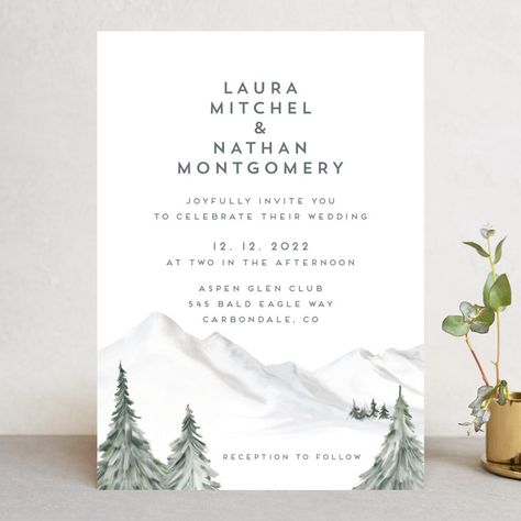 "Lovely Winter Land" - Rustic Wedding Invitations in Powdered Snow by Petra Kern. Winter Mountain Wedding, Mountain Wedding Invitations, Rustic Wedding Invitations, Wedding Acrylic, Cabin Wedding, Formal Wedding Invitations, Evergreen Forest, Acrylic Invitations, Destination Wedding Planning