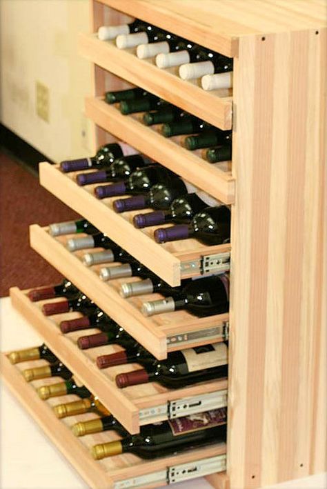 Wine Rack Simple, Wine Bottle Storage Ideas, Wine Drawer, Gömda Rum, Bottle Cabinet, Homemade Wine Rack, Diy Wine Rack Projects, Wine Rack Projects, Wine Rack Design