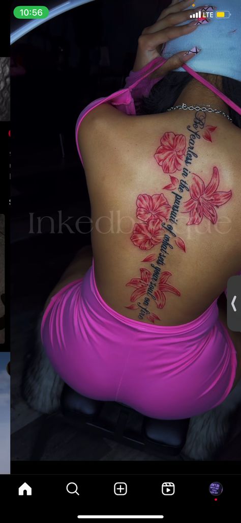 Tattoo Idea Back Spine, Big Rose Tattoo On Back, Spine Tattoos For Women Colorful, Back Tattoo Connected To Thigh, Cute Back Tattoos For Black Women, Jamaica Island Tattoo, Jamaica Tattoo For Women, Back Tattoo Pieces For Women, She Is More Precious Than Rubies Tattoo