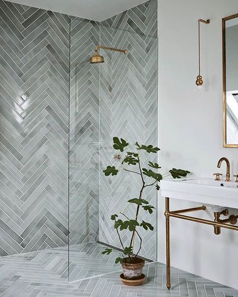 Oh. My. Gosh.! This green herringbone tile is incredible... but the fact that it was installed not only on the shower walls but floor really creates a stunning texture and pattern! #Inspiration  #GreenBasementsAndRemodeling #MasterBathroom #Shower #Tile #Bathroom #RoswellRemodel #AtlantaConstruction #AlpharettaRemodel Dekorere Bad, Bilik Air, Bad Inspiration, Herringbone Tile, Bathroom Inspiration Decor, Bathroom Remodel Master, House Bathroom, Beautiful Bathrooms, Bathroom Makeover