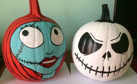 Nightmare Before Christmas painted pumpkins. Jack and Sally. 2017. Painting Pumpkins Nightmare Before Christmas, Pumpkin Painting Nightmare Before Christmas, Painting Pumkins Ideas Halloween, Painted Pumpkin Nightmare Before Christmas, Pumpkin Painting Ideas Jack And Sally, Jack The Skeleton Pumpkin Painting, Sally Nightmare Before Christmas Pumpkin Painting, Sally And Jack Pumpkin Painting, Couples Painted Pumpkins