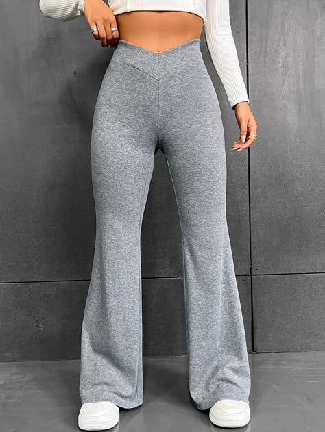 Grey Casual Collar  Knitted Fabric Plain Flare Leg Embellished Medium Stretch  Women Clothing Black Flare Pants, Flared Leggings, Stylish Pants, Black Flare, Flare Leg Pants, Velvet Pants, Flare Leggings, Black Knit, Easy Wear