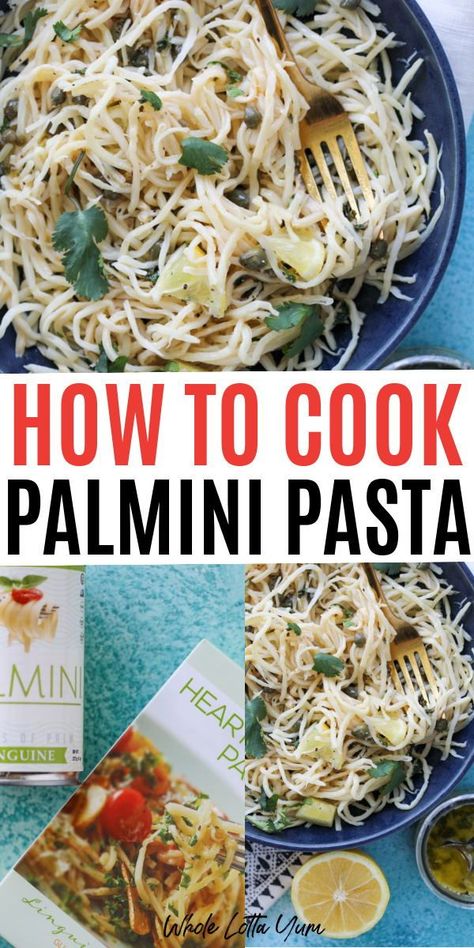 Learn all about hearts of palm pasta including how to cook palmini noodles, what it even is, plus all the tips and tricks for cooking with hearts of palm. It's a WHOLE LOTTA YUM! Palmini Noodles, Low Carb Pasta Recipes, Angel Hair Pasta Recipes, Whole Lotta Yum, Linguine Recipes, Heart Of Palm, Hearts Of Palm, Plant Based Diet Recipes, Lean And Green Meals