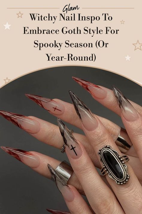 Grey Goth Nails, Goth Flower Nails, Goth Gel Nails, Goth Winter Nails, Black Goth Nails, Medieval Nails, Goth Halloween Nails, Goth Manicure, Black Witchy Nails