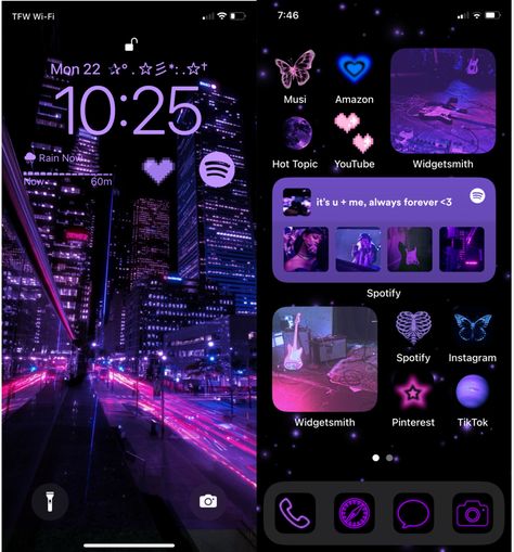 Purple Themed Phone Layout, Phone Layout Ideas Purple, Home Screen Layout Iphone Purple, Cyberpunk Phone Theme, Phone Theme Purple, Purple Ios Layout, Purple Iphone Theme, Purple Phone Layout, Purple Iphone Aesthetic