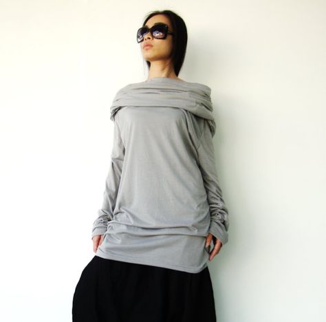 Cassual Cowl Neck Tunic, Extra Long Sleeves, Grey Cotton, Tunic Top, Extra Long, Cowl Neck, Tunic Tops, Street Style, Grey