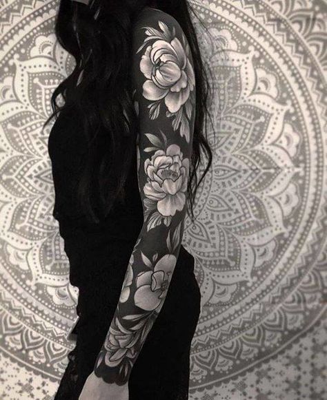 Blacked Out Floral Sleeve Tattoo, Dark Tattoo Filler, Black And White Realistic Tattoos, Realism Tattoo Cover Up, Blackout Floral Sleeve, Black Ink Tattoo Sleeve, Psychic Tattoo Ideas, Floral Blackout Tattoo, Black Filler Tattoo