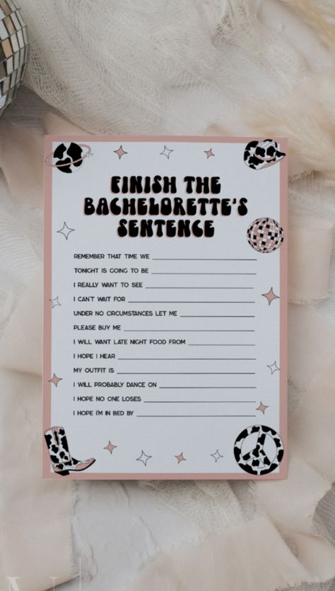 This is a space cowgirl themed bachelorette party game. Edit all wording fonts, and colors to make this disco inspired game template fit your event needs + personal style. Last Disco Bachelorette Party Games, Cowgirl Bachelorette Games, Let’s Go Girls Bachelorette Party, Bachelorette Party Cowgirl Theme, Cowgirl Hen Do, Bachelorette Cowgirl Theme, Cowgirl Bachelorette Party Theme, Cowgirl Hens Party, Cowgirl Bachelorette Party Games