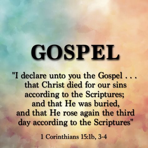 WHAT IS THE GOSPEL? Well 1 Corinthians 15:1b, 3-4 tells us, "I declare unto you the Gospel . . . that Christ died for our sins according to the Scriptures; and that He was buried, and that He rose again the third day according to the Scriptures" - That is what many call "The Gospel in a nutshell". I Declare, Soli Deo Gloria, Gospel Message, Inspirational Verses, For God So Loved The World, Gospel Of Jesus Christ, Favorite Bible Verses, The Gospel, God Jesus