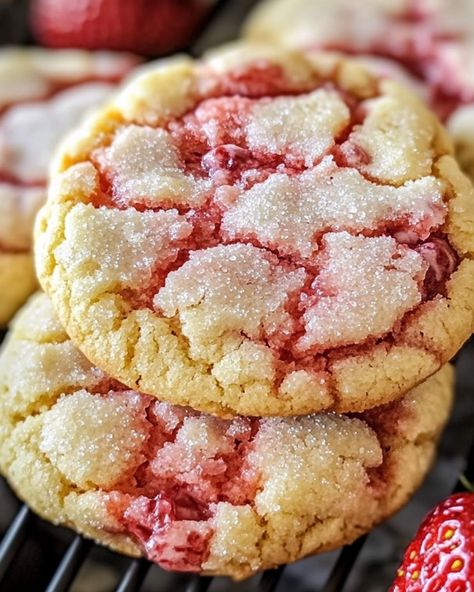 Double Strawberry Sugar Cookies 🍓🍪 Ingredients: For the Cookies: - 1/2 cup unsalted butter, softened - 1 cup granulated sugar - 1 large egg - 1 teaspoon vanilla extract - 1/4 cup strawberry jam or puree - 2 cups all-purpose flour - 1/2 teaspoon baking powder - 1/4 teaspoon baking soda - 1/4 teaspoon salt - 1/2 cup freeze-dried strawberries, crushed into small pieces For the Strawberry Glaze: - 1 cup powdered sugar - 2 tablespoons strawberry puree or juice (fresh or from thawed frozen straw... Strawberry Sugar Cookies, Sugary Food, Lobster Recipes, Dessert Bar Recipe, Food Platters, Cookies Ingredients, Strawberry Recipes, Cookie Desserts, Candy Recipes