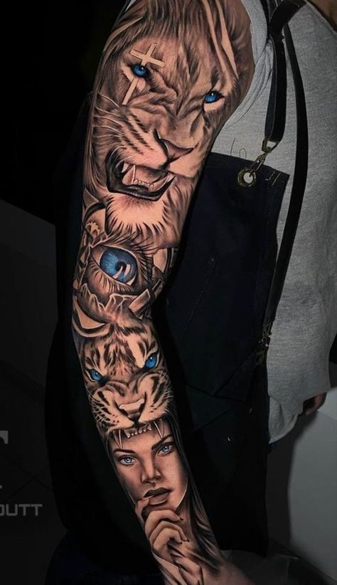 Nice Forearm Tattoos For Men, Lion Sleeve Tattoo Men, Animal Tattoo Sleeve, Best Sleeve Tattoos Men, Mens Full Sleeve Tattoo, Leg Tattoos For Men, Animal Tattoos For Men, Tiger Tattoo Sleeve, Full Hand Tattoo