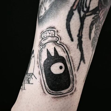 Luci in a bottle @disenchantment for @inkbabytattoos ✨ will need a touch up when it's healed to darken the black. thankyou for the good talks 🖤 will miss you when you leave. . . . . #disenchantment #disenchantmentfanart #disenchantmentluci #disenchantmenttattoo #tattoo #tattooing #tattooart #tattooartist #tattooapprentice #blackworktattoo #blackworkers #blackwork #blackworker #dotworkers #dotworktattoo #dotwork #dotworker #dotworktattooartist #dotworkartist #luci #darkfantasy #gothtattoo #pin... Disenchantment Tattoo, Luci Tattoo, Goth Tattoo, Piercing Inspo, Will Miss You, Tattoo Apprentice, When You Leave, Dot Work Tattoo, Blackwork Tattoo