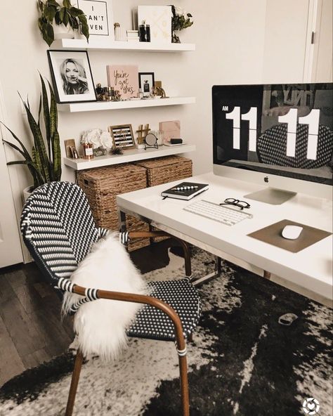 office decor, shelf decor, shelf styling, work space decor, interior design, cowhide rug, french cafe chair, french patio chair Black And White Home Office, Office Architecture, Office Shelf, Work Office Decor, Work Space Decor, White Desk, Decor Shelf, Office Workspace, Bistro Chairs