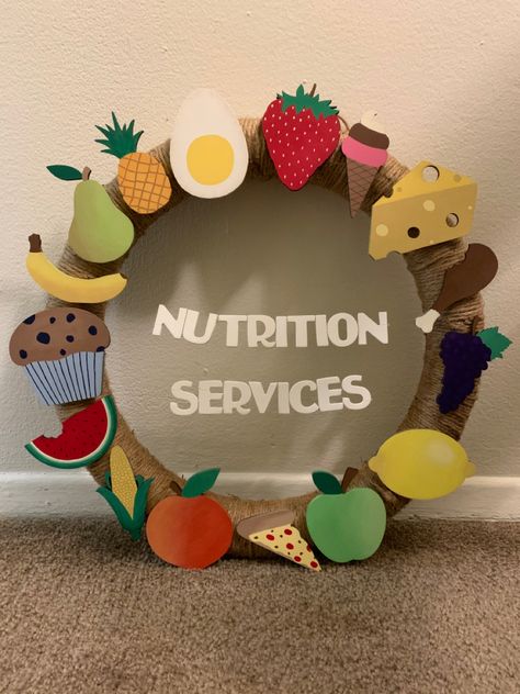 Office door decoration for RDs Health Decorations Ideas, School Kitchen Decorations, Health Fair Decorating Ideas, Nutrition Decoration Ideas, Nutrition Office Decor, Nutritionist Office Decor Ideas, Cafeteria Decorations Ideas School, Nutrition Office, Dietitian Office