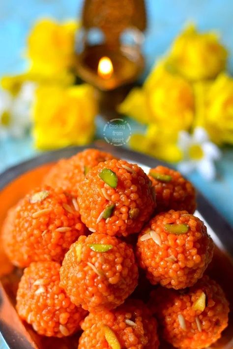 Motichoor Ladoo Recipe, Motichur Laddu, Motichoor Ladoo, Laddoo Recipe, Easy Indian Dessert, Ladoo Recipe, Orange Food Coloring, Recipe Indian, Delicacy Food