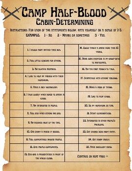 Students can take this personality test to determine which cabin at Camp Half-Blood they would be placed in and which of the Gods/Goddesses would be their parent. This is a great activity if you want to place students into groups for book study or if you want them to identify with the story or characters in a deeper way. Additionally, this activity is a great segue if you want to have your students study the greek myths alluded to in the Percy Jackson series. Capture The Flag Percy Jackson, Percy Jackson Escape Room, Percy Jackson Characters Birthdays, Percy Jackson Trunk Or Treat, Percy Jackson Activities, Percy Jackson Crafts Diy, Percy Jackson Cabins Layout, Percy Jackson Birthday Party Ideas, Percy Jackson Diy