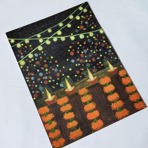 Diwali Paintings Easy, Diwali Card Aesthetic, Diwali Theme Painting, Diwali Aesthetic Painting, Diwali Special Sketch, Diwali Inspired Painting, Diwali Sketch Ideas, Festival Of Lights Drawing, Diwali Special Craft Ideas