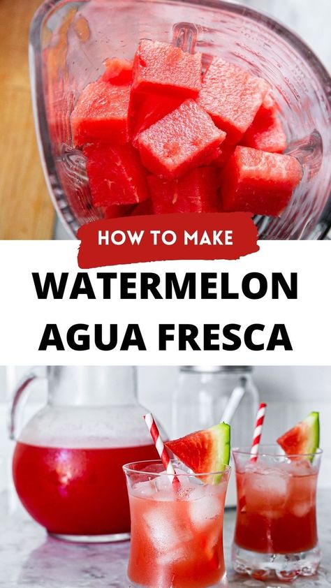 A collage with two photos of watermelon agua fresca drink and with text overlay. Mango Agua Fresca, Cantaloupe Drink, Aqua Fresca Recipes, Melon Water, Fresca Drinks, Agua Fresca Recipe, Watermelon Water, Mexican Drinks, Drink Recipes Nonalcoholic