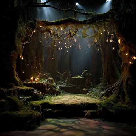 Forest Stage Design Theatre, Forest Light Installation, Woodland Set Design, Forest Stage Set, Stage Play Set Design, Enchanted Forest Stage Design, Forest Theme Ganpati Decoration, Enchanted Forest Display, Into The Woods Musical Set Design