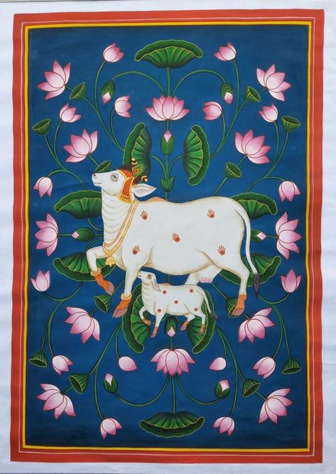 Rajasthan Folk Art, Pichwai Paintings Wallpaper, Pichwai Art Paintings Cow, Pichwai Paintings Lotus And Cow, Indian Cow Painting, Krishna With Cow Paintings, Indian Art Style, Cow Pichwai Painting, Pichwai Wall Painting