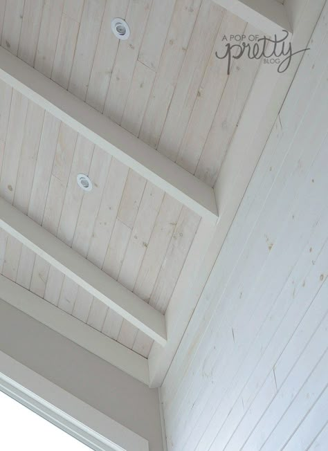 How to White Wash Shiplap: Step by Step Tutorial - A Pop of Pretty Home Decor Ideas White Washed Shiplap Ceiling, White Washed Lvp Flooring, Beach House Wood Paneling, Coffered Ceiling Shiplap, White Washed Cedar Ceiling, Shiplap Ceiling In Bedroom, White Wash Cabin, White Shiplap Ceiling Living Room, T And G Ceiling