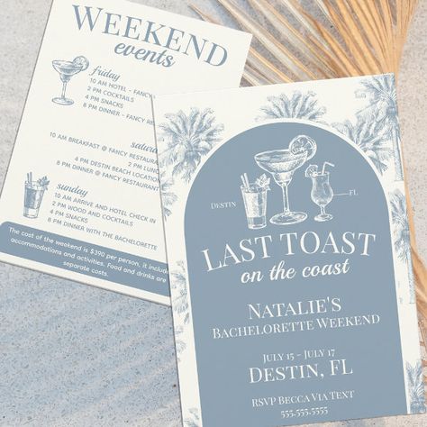 Last Toast On The Coast Coastal Bachelorette Blue Invitation Bachelorette Party Beach Theme, Coastal Bachelorette, Party Itinerary, Last Toast On The Coast, Toast On The Coast, Bachelorette Party Itinerary, Beach Bachelorette Party, Bachelorette Weekend Invitations, Bachelorette Invitation