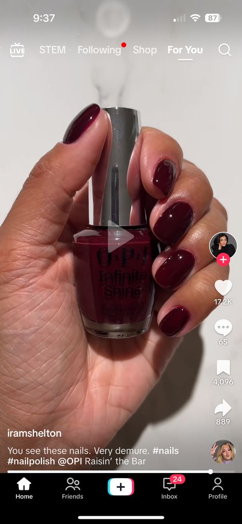 Burgundy Opi Nail Polish, Red Wine Manicure, Dark Red Nails Ideas Short, Dark Red Opi Gel Polish, Opi Raisin The Bar, Opi Cherry Red, Cherry Mocha Nails Opi, Opi Cherry Mocha, Dark Opi Gel Nail Polish