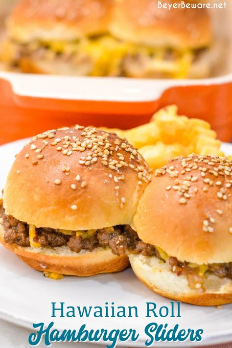 Hawaiian Roll Hamburger Sliders - Beyer Beware Hamburger Sliders Hawaiian Rolls, Hawaiian Roll Ham Sandwiches, Sliders Recipes Hamburger, Easy Appetizers For A Party, Best Punch Recipe, Appetizers For A Party, Recipes Treats, Onion Soup Mix Recipe, Hamburger Sliders