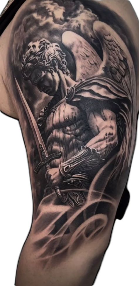 Men Statue Tattoo, Angel Statues Tattoo, Gladiator Angel Tattoo, Saint Michael Angel Tattoo, Angel Half Sleeve Tattoo Men, Quarter Sleeve Tattoo For Men Shoulder, God Sleeve Tattoos For Men, St Micheal Arch Angel Tattoo, Angel Tattoos Men