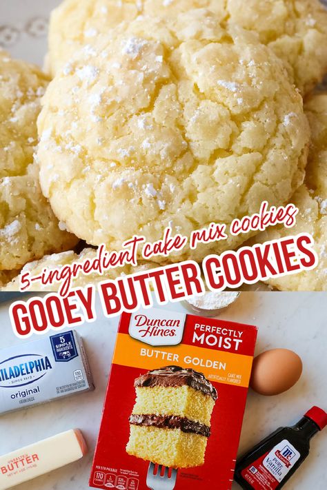 Ooey Gooey Butter Cookies, Butter Cake Cookies, Cake Box Cookies, Recipes Using Cake Mix, Gooey Butter Cookies, I Lost 100 Pounds, Boxed Cake Mixes Recipes, Cake Mix Desserts, Gooey Cookies