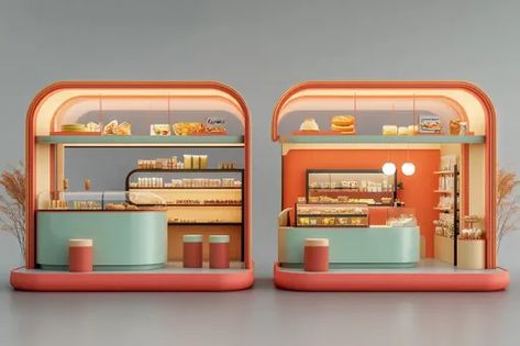 ↑↑↑ Larger size on website 🔸 The image shows a modern and minimalist bakery with a retro twist. Two symmetrical booths, each with Retro Booth Design, Modern Bakery, Bakery Display Case, Bakery Display, Glass Display Case, The Bakery, Glass Display, Orange Accents, Booth Design