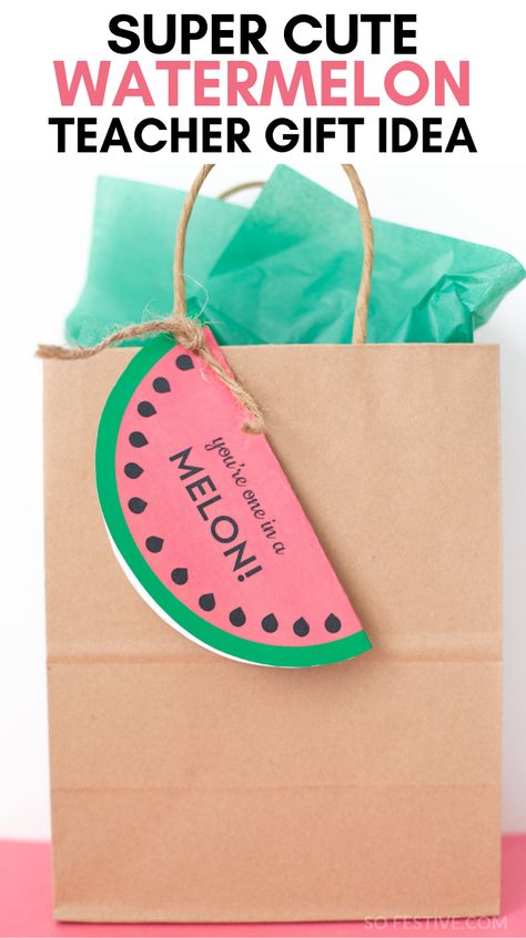 Looking for a simple but cute teacher appreciation gift idea? This fun "one in a melon" gift includes fun watermelon-themed gifts perfect to bring in summer! Watermelon Gift, Cute Watermelon, One In A Melon, Diy Teacher Gifts, Themed Gifts, Summer Gifts, Teacher Appreciation Gift, Teacher Appreciation Week, Unique Birthday Gifts