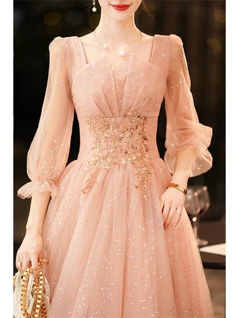 Teenage Dresses Formal, Nice Dresses Classy Formal, Dress Party Elegant Glamour, Fancy Evening Gowns, Pink Gown Elegant, Long Gaun, Prom Gowns With Sleeves, Formal Party Dress Short, Gowns Dresses Elegant Classy