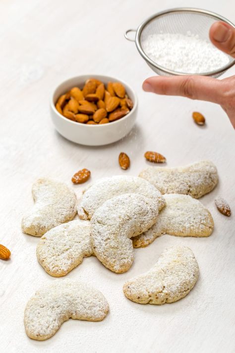 Crescent moon cookies Crescent Moon Cookies, Almond Crescent Cookies, Microwave Dinners, Crescent Cookies, Veggie Platter, Moon Cookies, Kitchen Witch Recipes, Holiday Platters, Cookie Platter