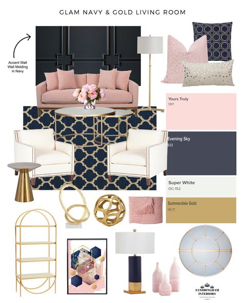 Navy Gold Living Room, Townhome Decor, Blue And Pink Living Room, Salon Art Deco, Blue And Pink Bedroom, Navy Living Rooms, Gold Living, Gold Living Room, Glam Living Room